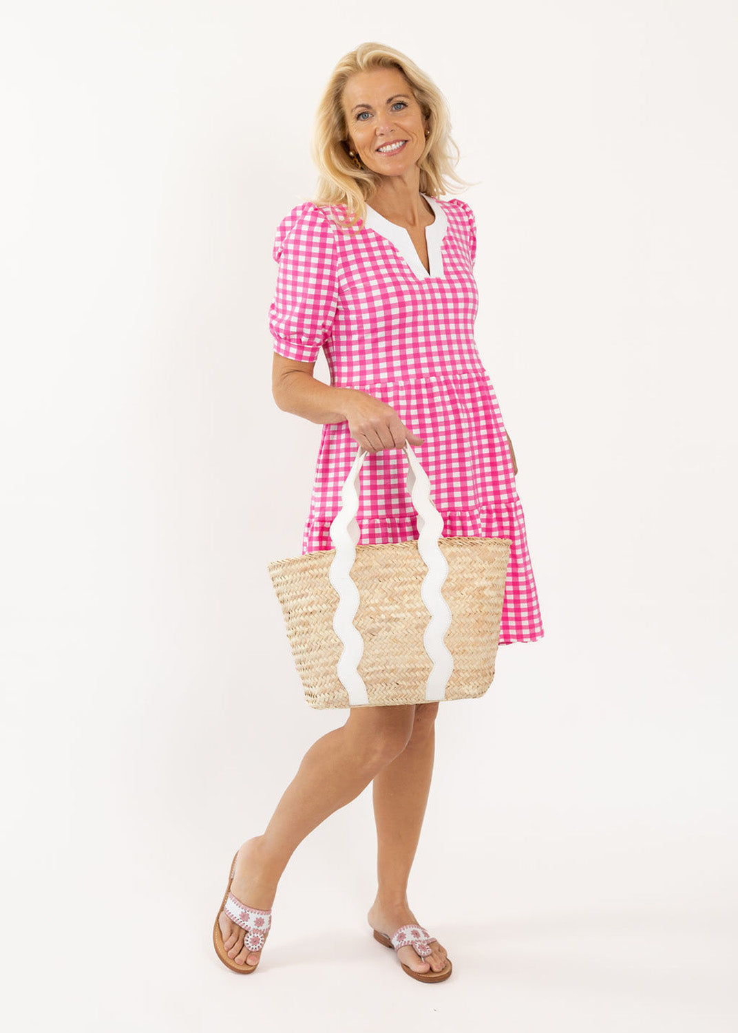 Louisa Short Sleeve Dress - Gingham Hot Pink/White L