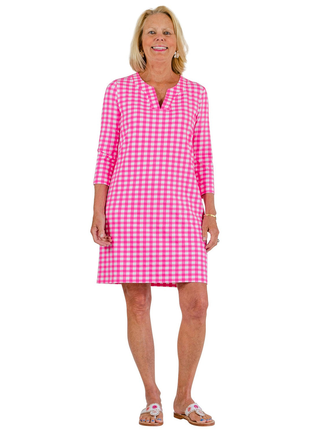 Lucille 3/4 Sleeve Dress - Gingham Hot Pink/White XS Lucille 3/4 Sleeve Dress - Gingham Hot Pink/White XS