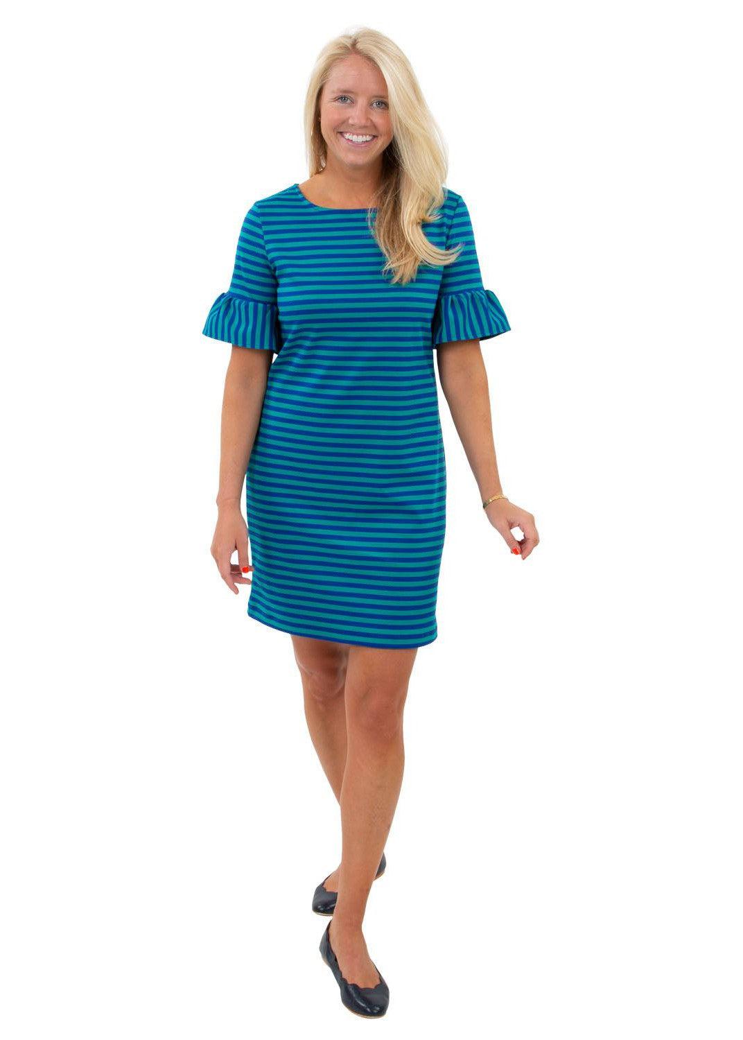sailor dresses for ladies Dockside Dress - Double Knit Ponte Stripes Green/Navy BIS-09-25-26