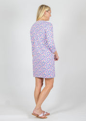 Lucille 3/4 Sleeve Dress - Field of Dahlias Blue/Pink