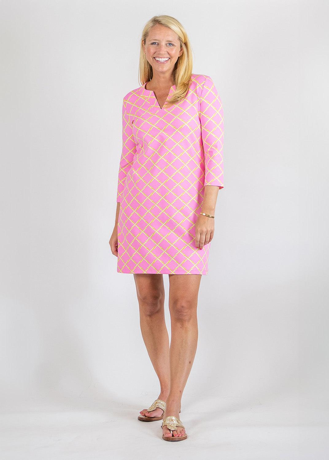 Lucille Dress 3 4 Sleeve Bamboo Lattice Pink Tan