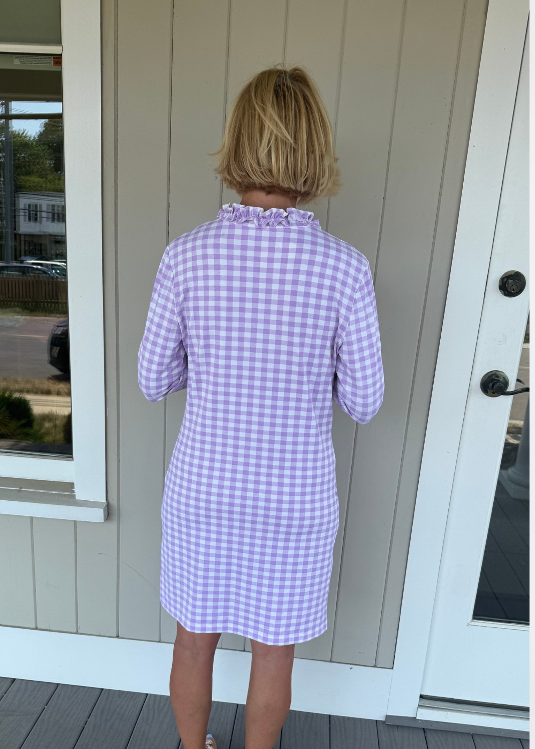 Bailey 3/4 Sleeve Dress Gingham Lavender/ White FINAL SALE