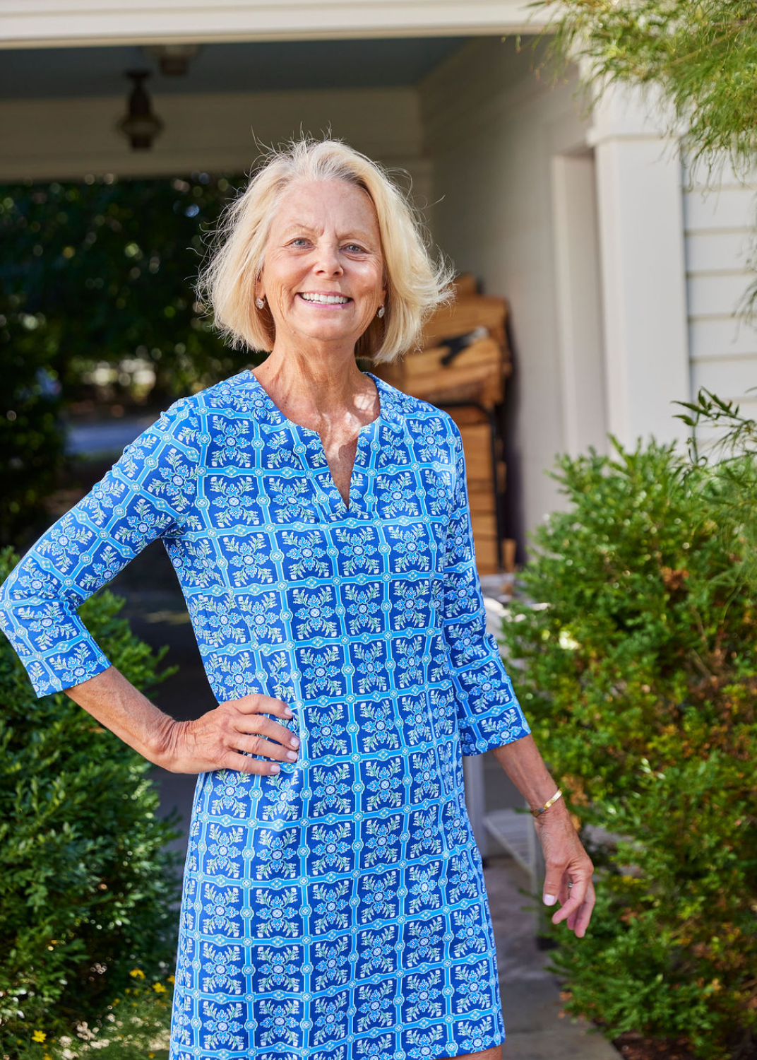 Lucille 3/4 Sleeve Dress - Tile Art Blue/Green