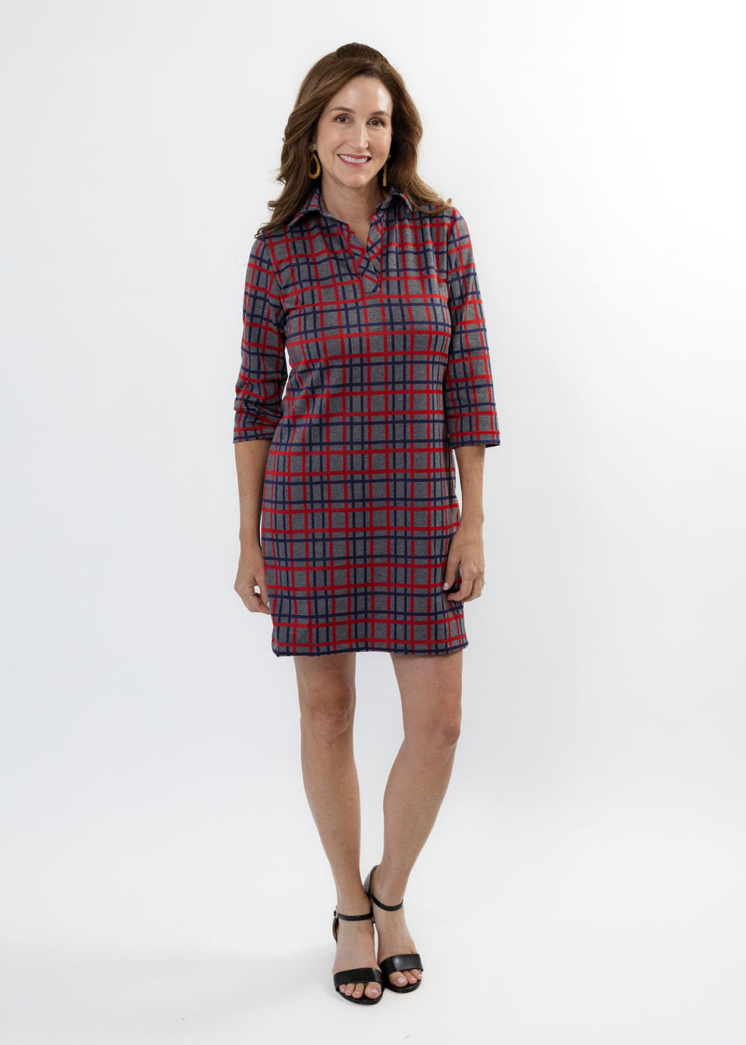 Polo 3/4 Sleeve Dress - Plaid Grey/Navy/Red