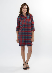 Polo 3/4 Sleeve Dress - Plaid Grey/Navy/Red