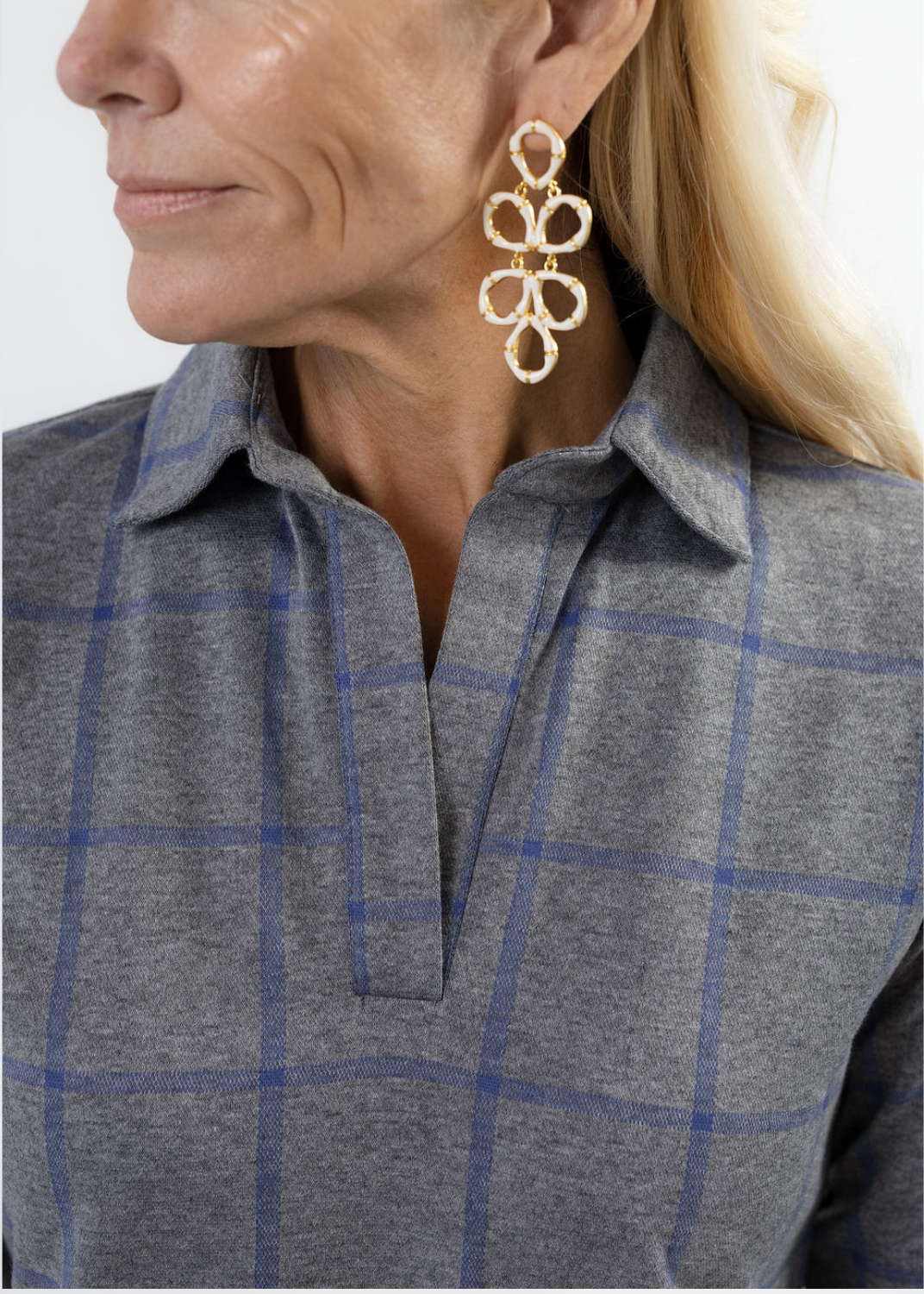 Polo 3/4 Sleeve Dress - Plaid Charcoal/Denim