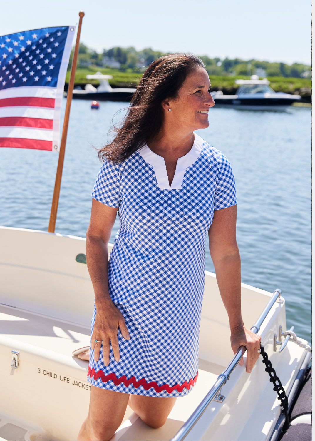 Lucille Short Sleeve Dress - Gingham Navy/White/Red ric rac