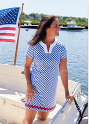 Lucille Short Sleeve Dress - Gingham Navy/White/Red ric rac