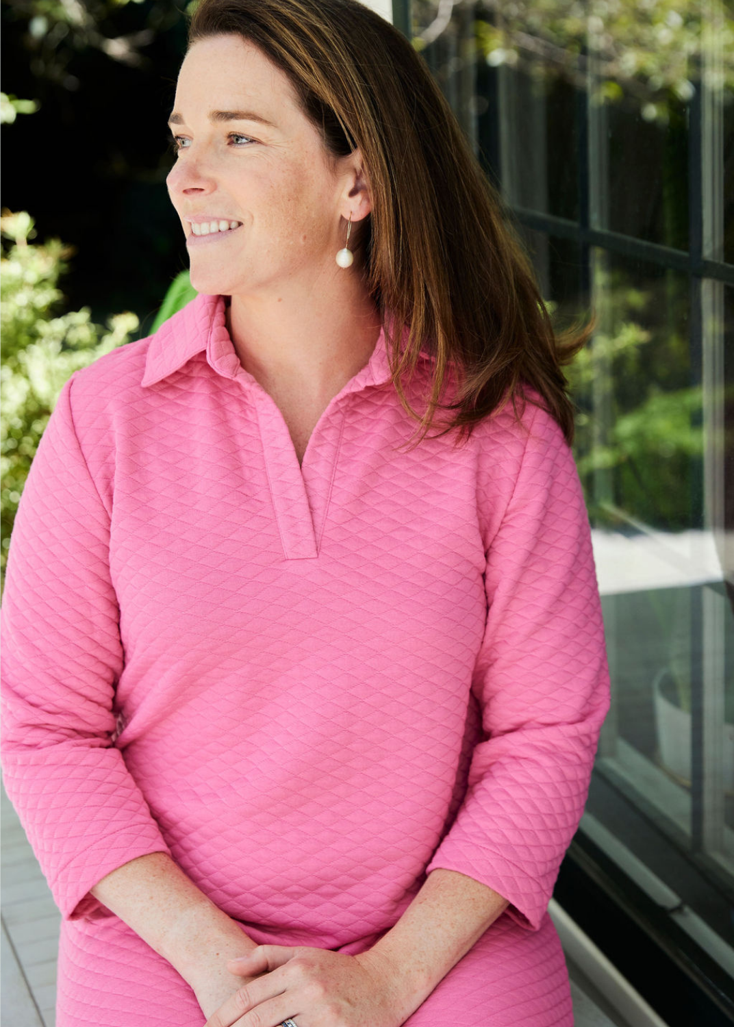 Polo 3/4 Sleeve Dress - Pink Quilted Knit