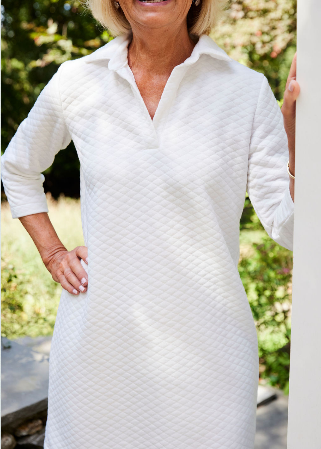 Polo 3/4 Sleeve Dress - White Quilted Knit