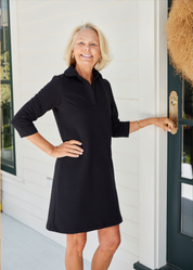 Polo 3/4 Sleeve Dress - Black Quilted Knit