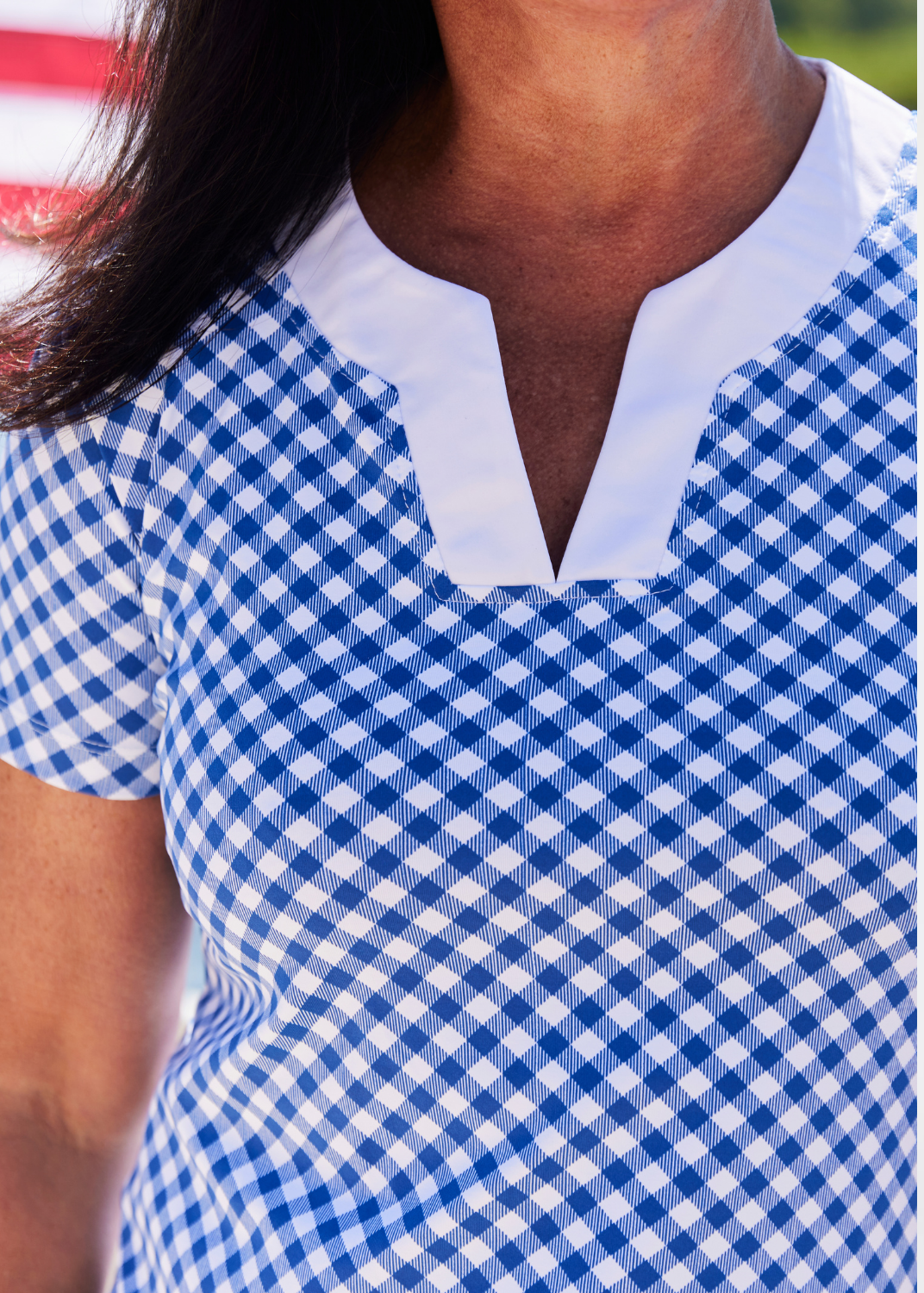 Lucille Short Sleeve Dress - Gingham Navy/White/Red ric rac