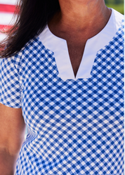 Lucille Short Sleeve Dress - Gingham Navy/White/Red ric rac