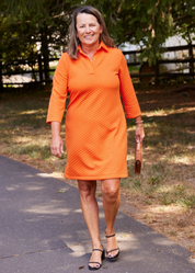 Polo 3/4 Sleeve Dress - Orange Quilted Knit