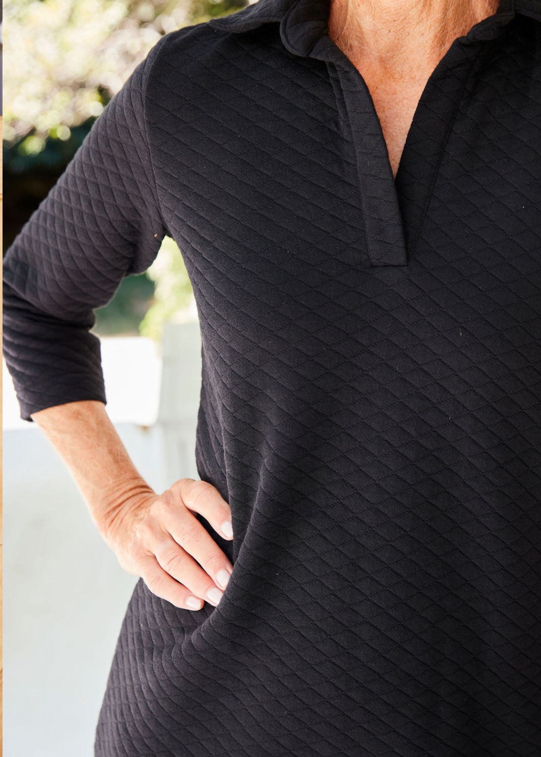 Polo 3/4 Sleeve Dress - Black Quilted Knit