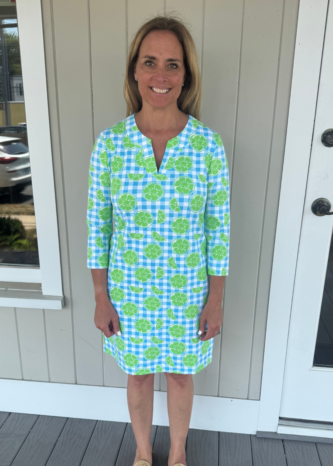 Lucille 3/4 Sleeve Dress - Citrus Check Blue/Green - FINAL SALE