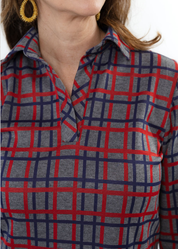 Polo 3/4 Sleeve Dress - Plaid Grey/Navy/Red