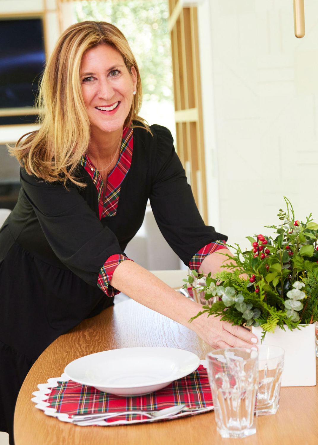 Louisa Dress- Solid Black/Red Plaid