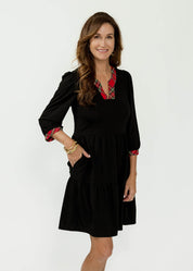 Louisa Dress- Solid Black/Red Plaid