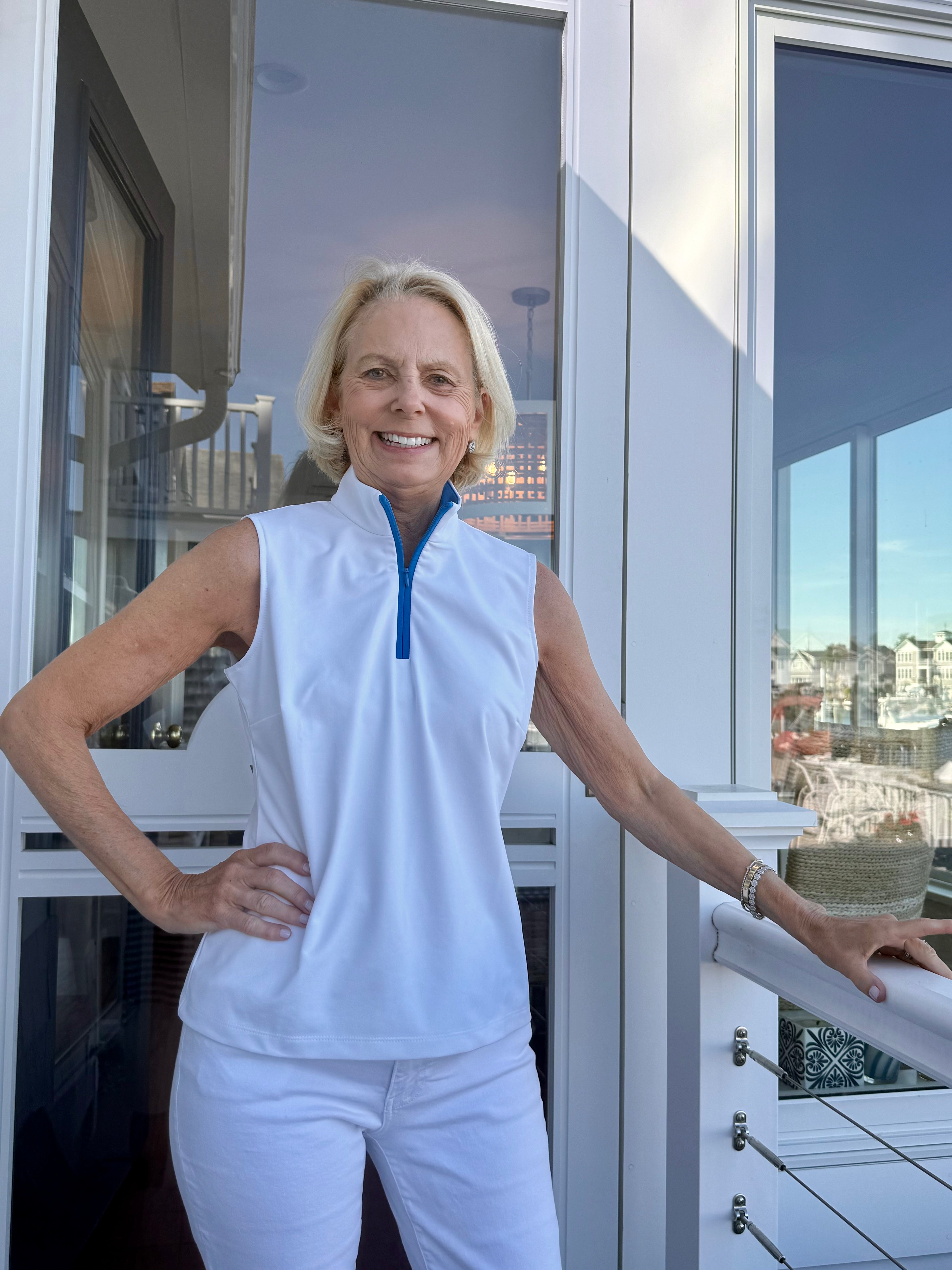 Britt Sleeveless Top - white with true blue  - FINAL SALE
