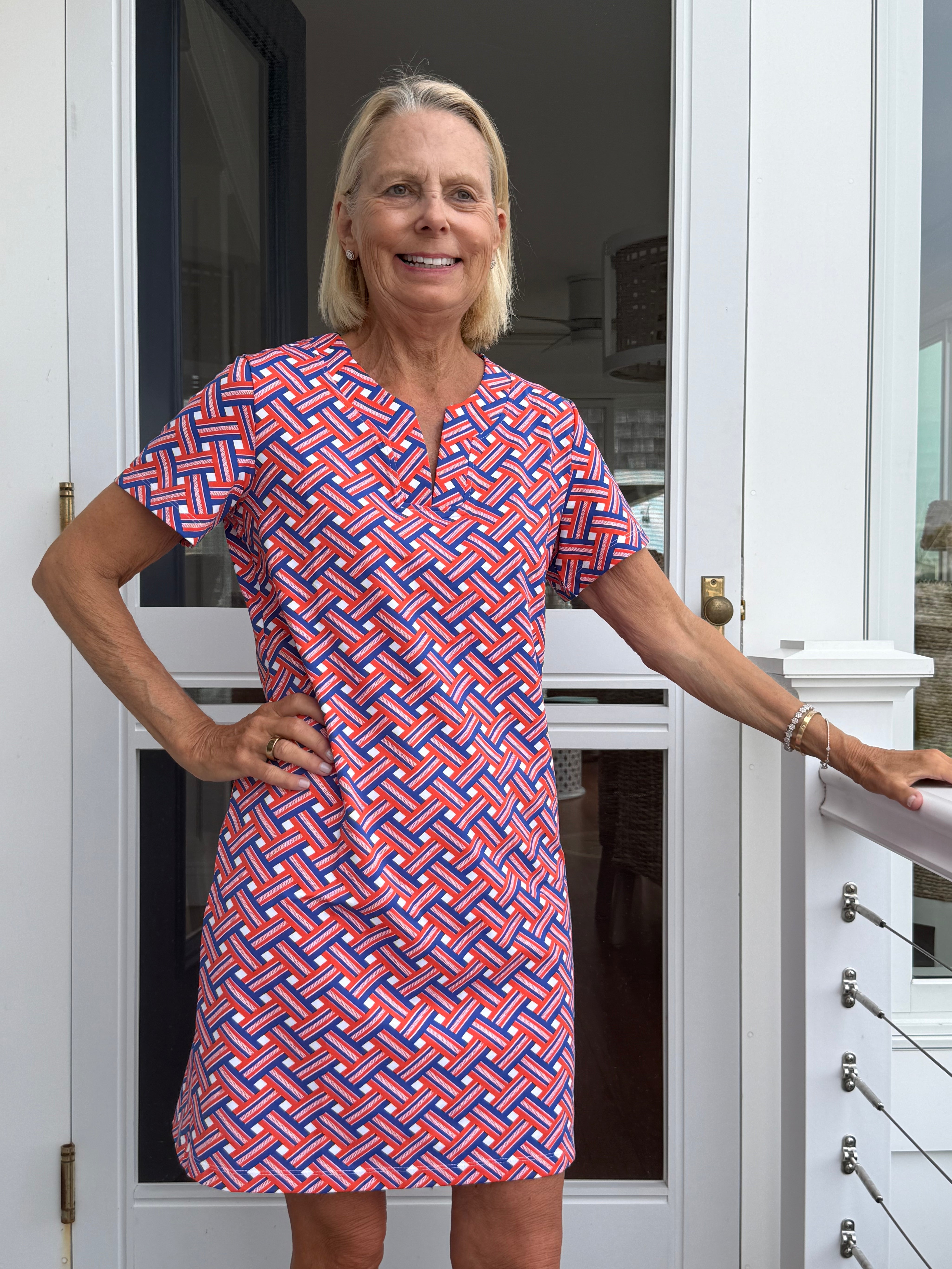 Lucille Short Sleeve Dress - Ribbons Florida Blue/Orange - FINAL SALE