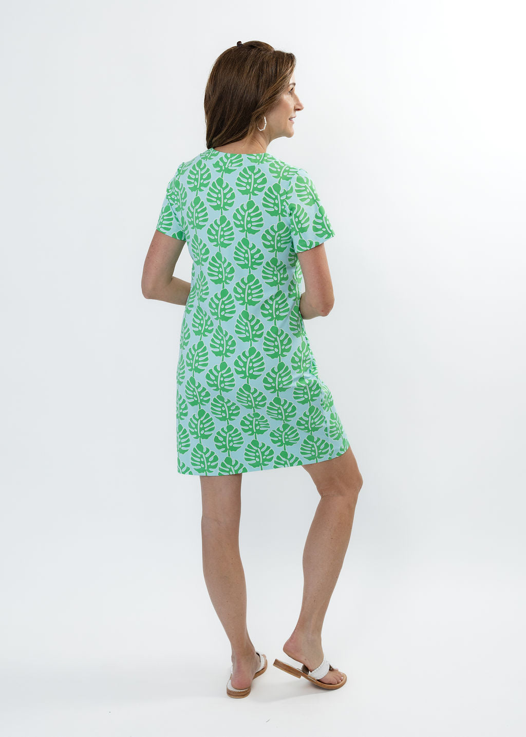 Lucille Short Sleeve Dress - Palm Stripe Aqua/Green