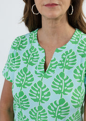 Lucille Short Sleeve Dress - Palm Stripe Aqua/Green