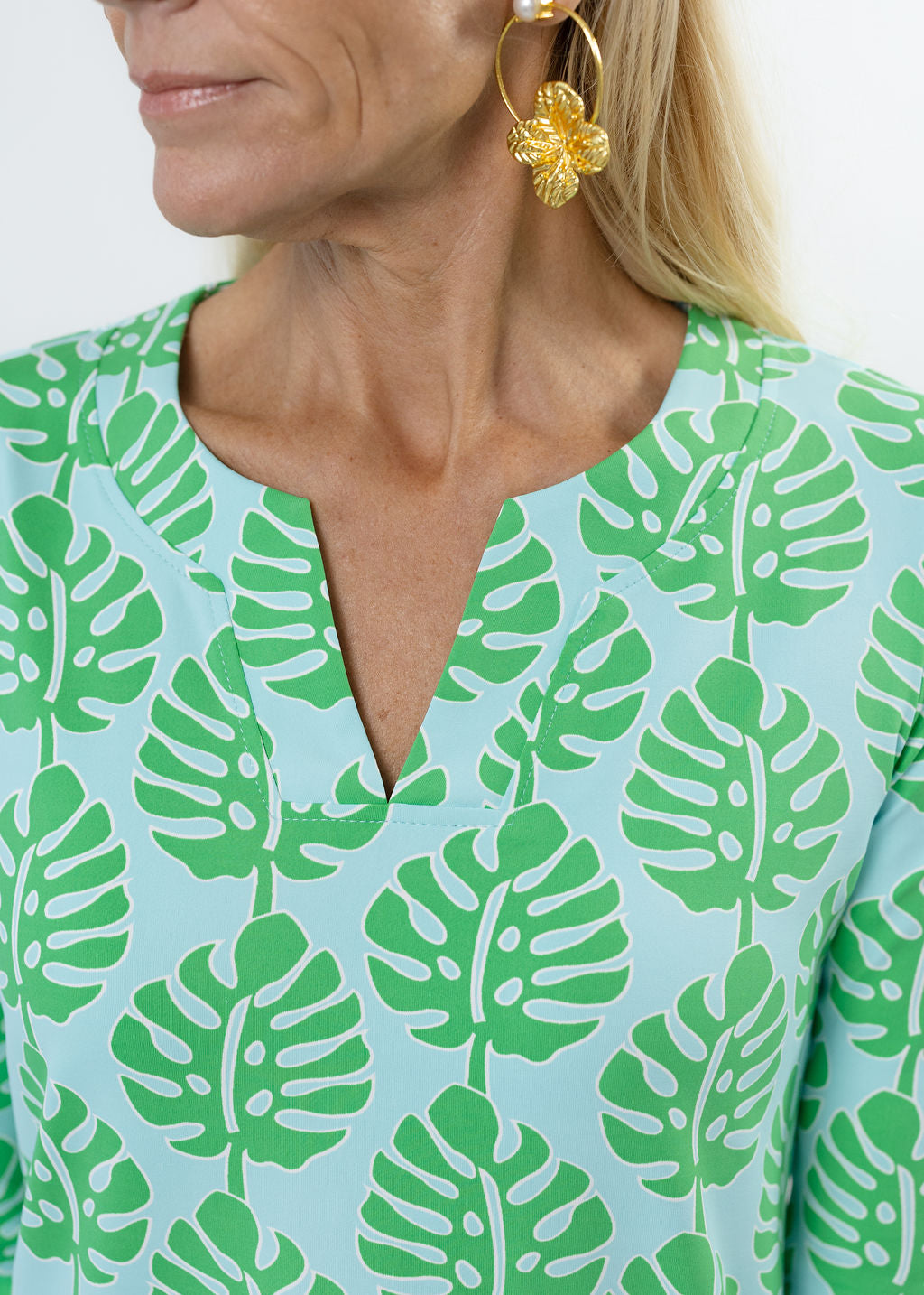 Lucille 3/4 Sleeve Dress - Palm Stripe Aqua/Green