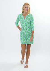 Lucille 3/4 Sleeve Dress - Palm Stripe Aqua/Green