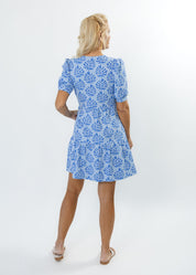 Louisa Short Sleeve Dress - Palm Stripe Blue - FINAL SALE