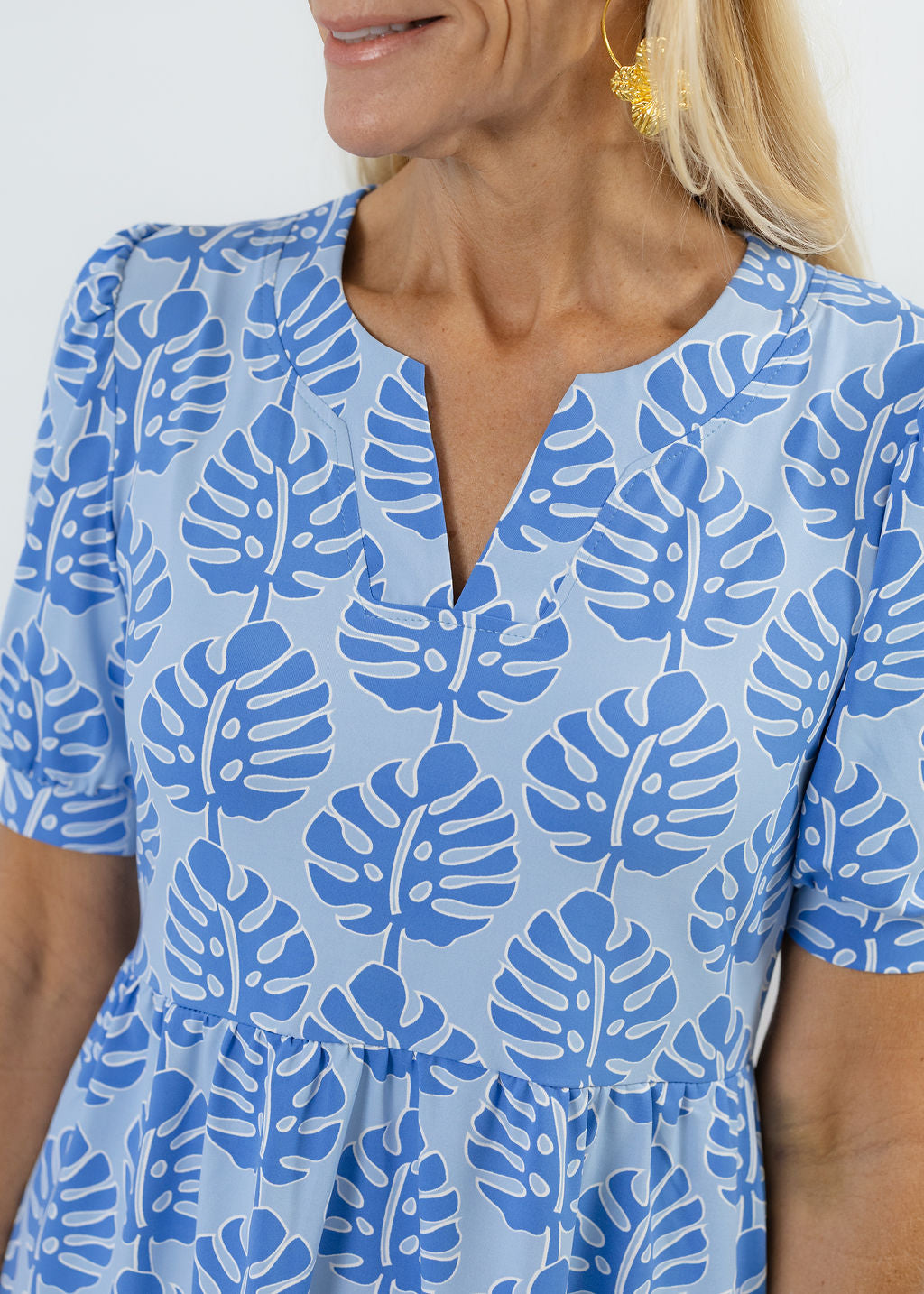 Louisa Short Sleeve Dress - Palm Stripe Blue - FINAL SALE