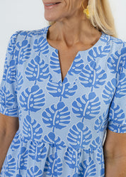 Louisa Short Sleeve Dress - Palm Stripe Blue - FINAL SALE