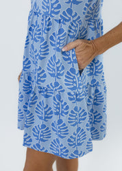 Louisa Short Sleeve Dress - Palm Stripe Blue - FINAL SALE