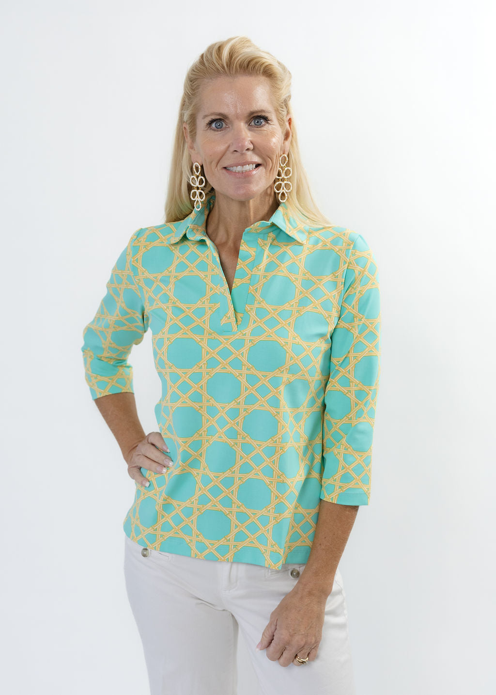 Polo 3/4 Sleeve Top - Large Bamboo Green/Tan