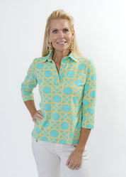 Polo 3/4 Sleeve Top - Large Bamboo Green/Tan