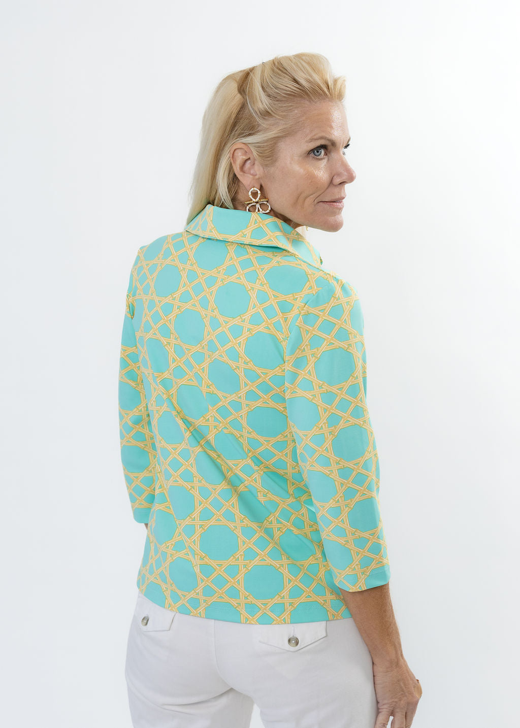 Polo 3/4 Sleeve Top - Large Bamboo Green/Tan