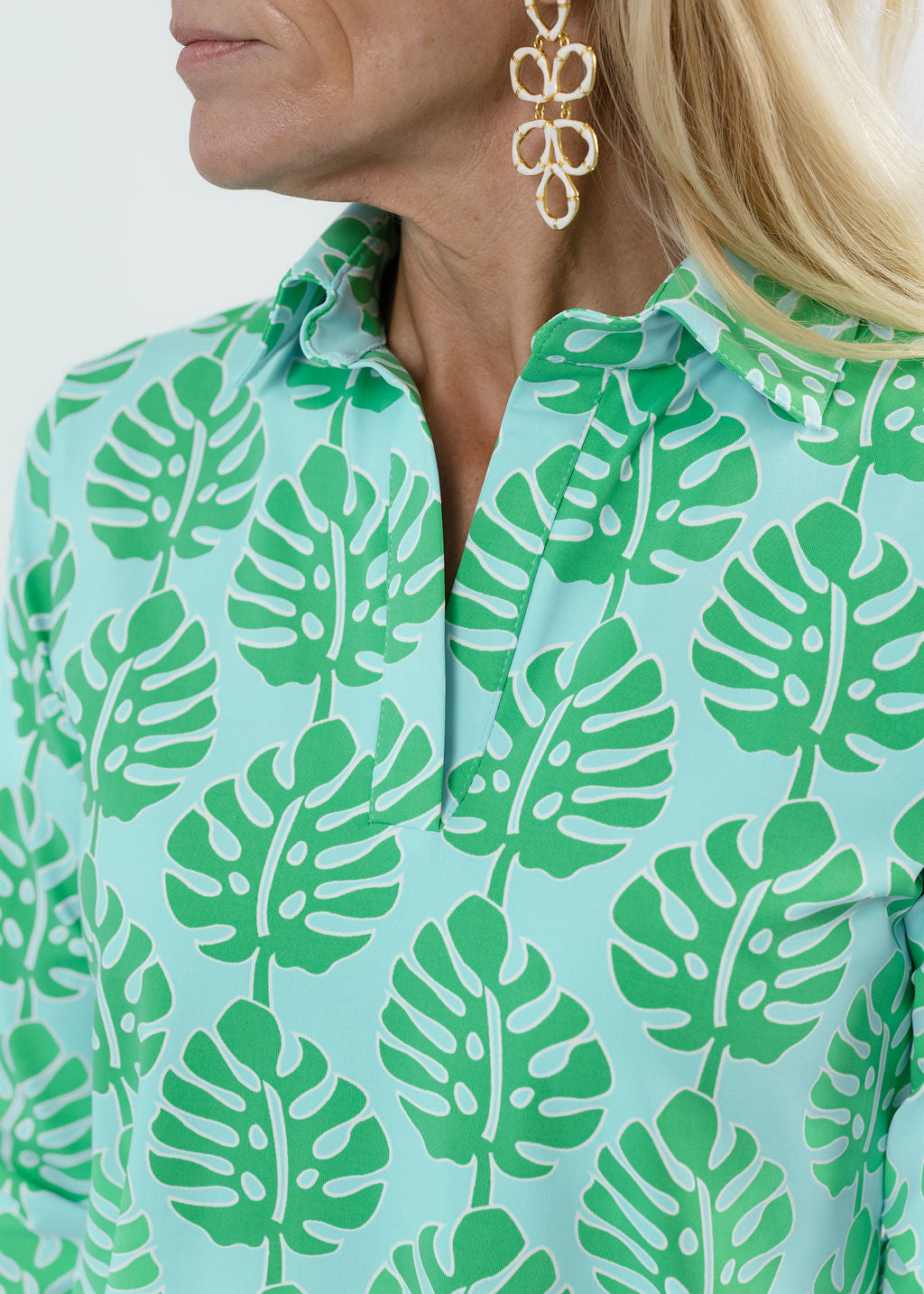 Polo 3/4 Sleeve Top - Palm Stripe Aqua/Green