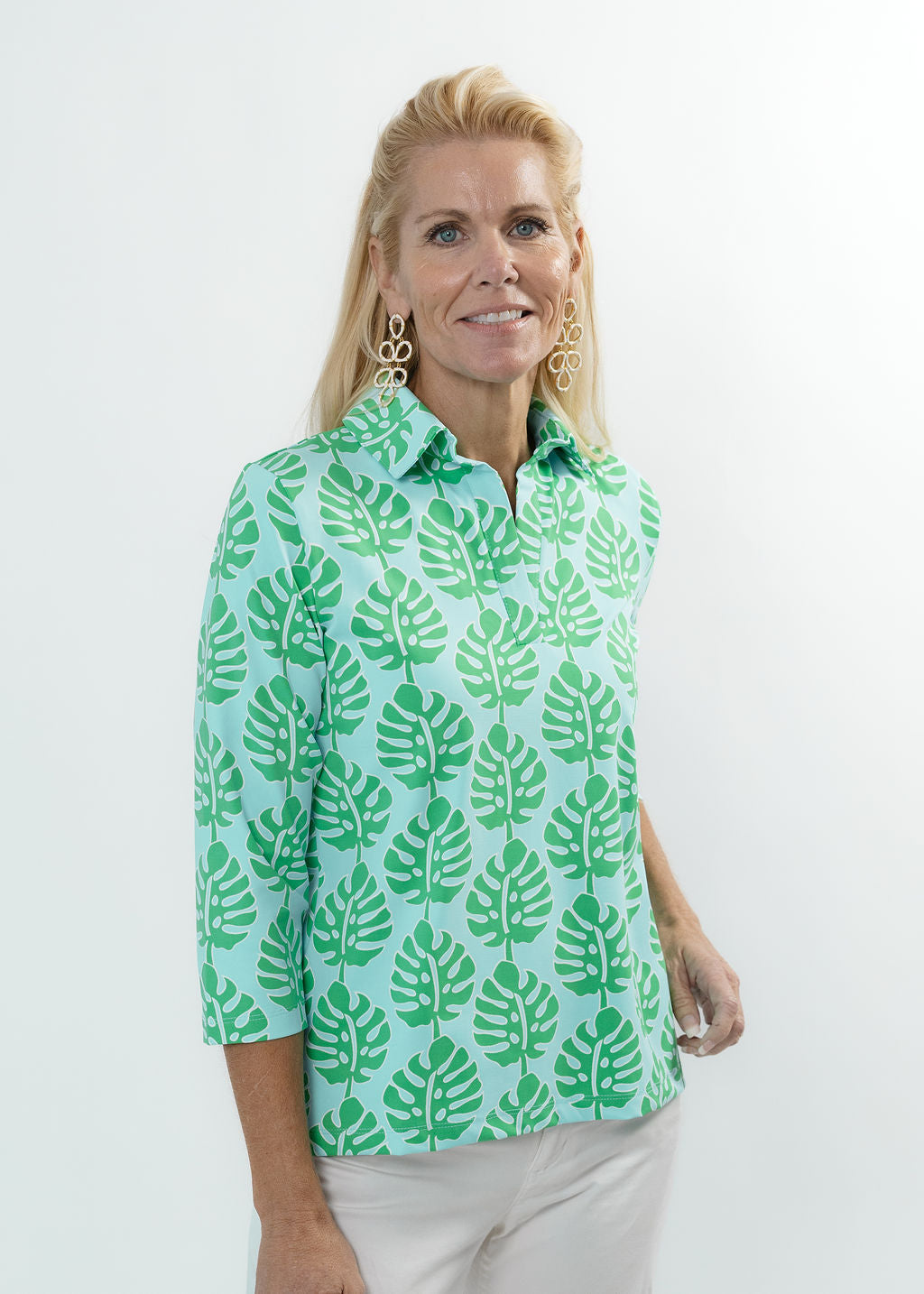 Polo 3/4 Sleeve Top - Palm Stripe Aqua/Green