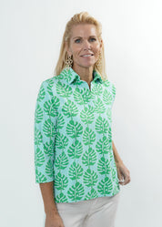 Polo 3/4 Sleeve Top - Palm Stripe Aqua/Green