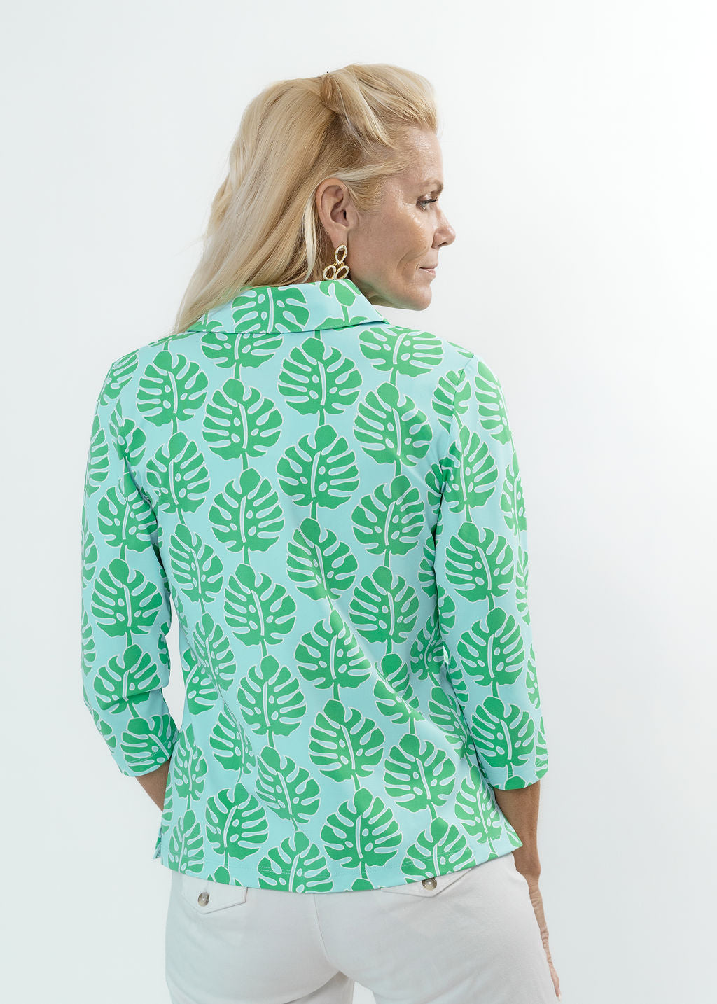 Polo 3/4 Sleeve Top - Palm Stripe Aqua/Green