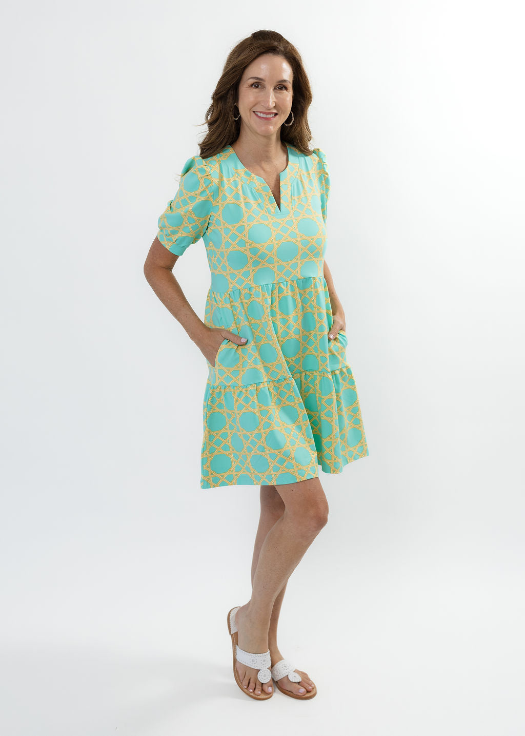 Louisa Short Sleeve Dress - Large Bamboo Green/Tan