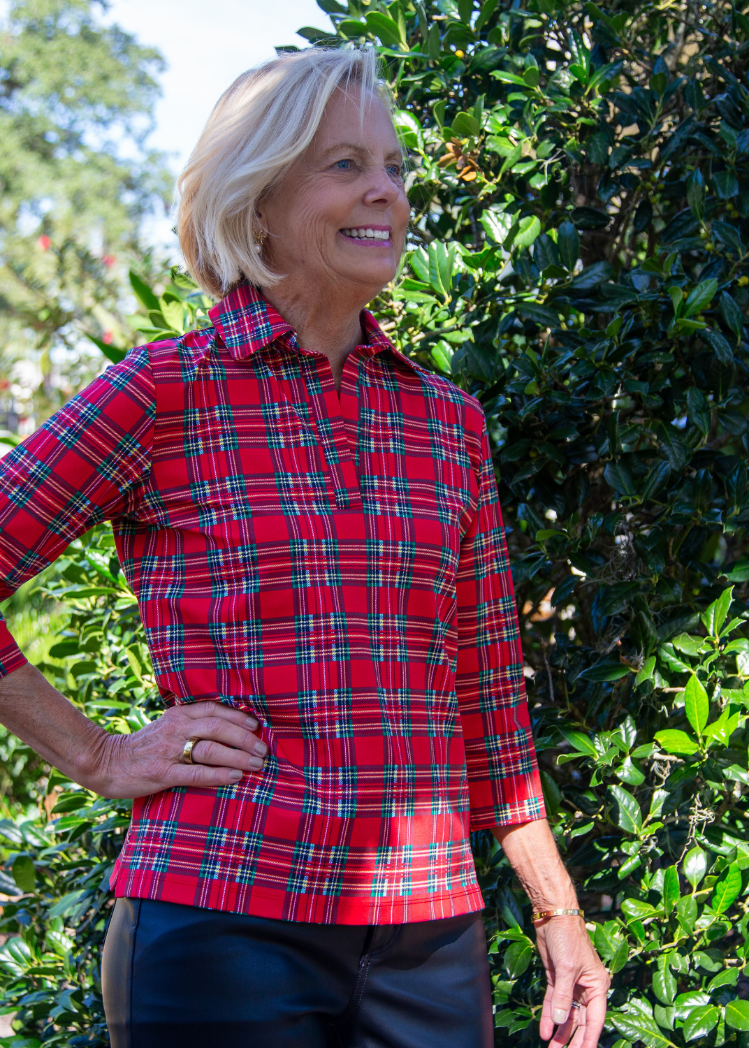 Polo 3/4 Sleeve Top - Red Plaid