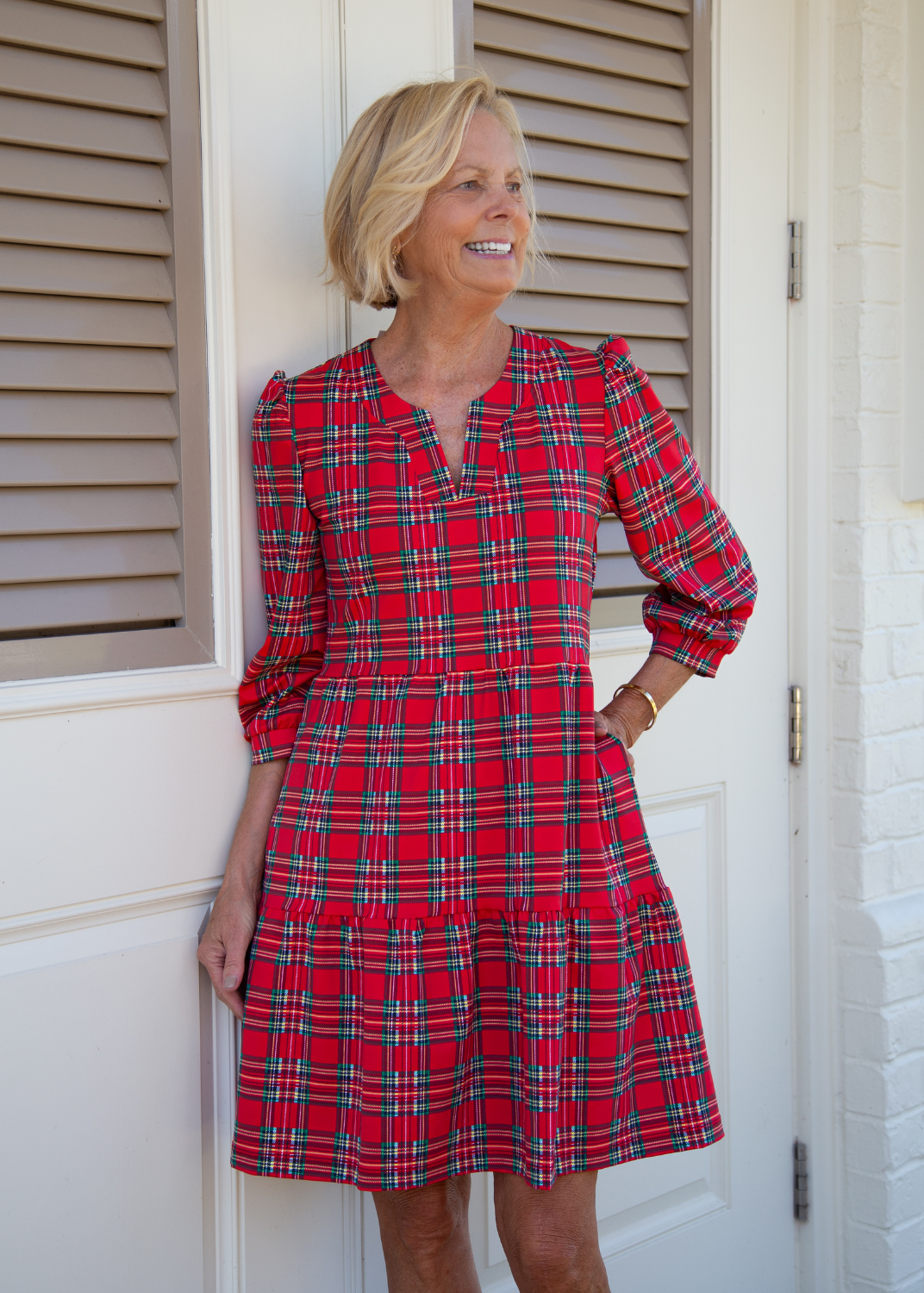Louisa 3/4 Sleeve Dress - Red Plaid
