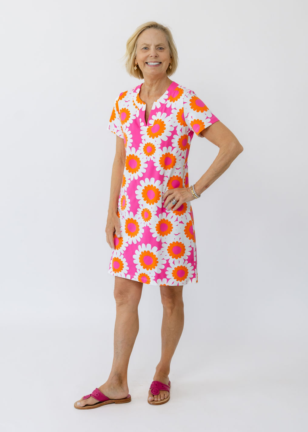 Lucille Short Sleeve Dress - Sunflowers Pink/Orange