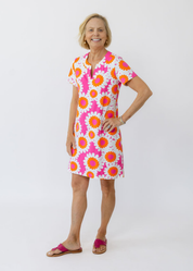 Lucille Short Sleeve Dress - Sunflowers Pink/Orange