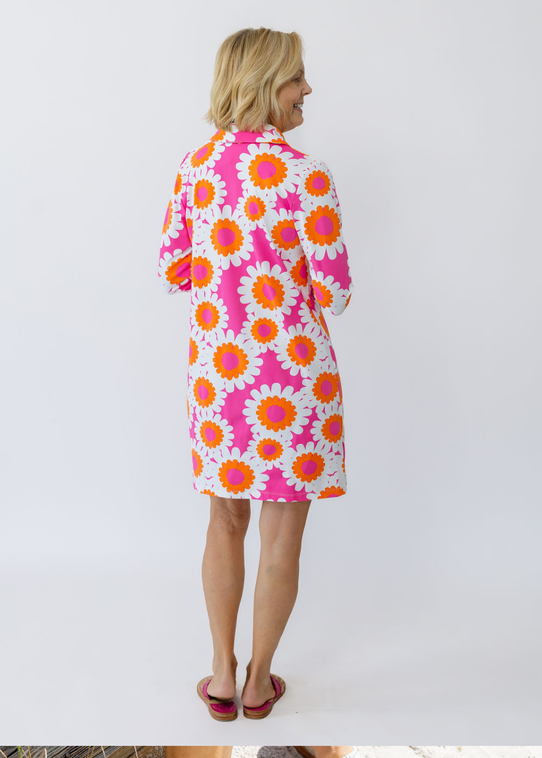 Polo 3/4 Sleeve Dress - Sunflowers Pink/Orange