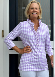Bailey 3/4 Sleeve Top - Gingham Lavender/White