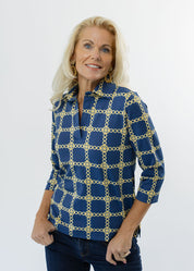 Polo 3/4 Sleeve Top - Medallion Chain Blue/Tan