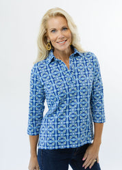 Polo 3/4 Sleeve Top - Tile Art Blue/Green