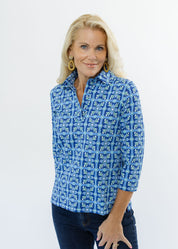 Polo 3/4 Sleeve Top - Tile Art Blue/Green